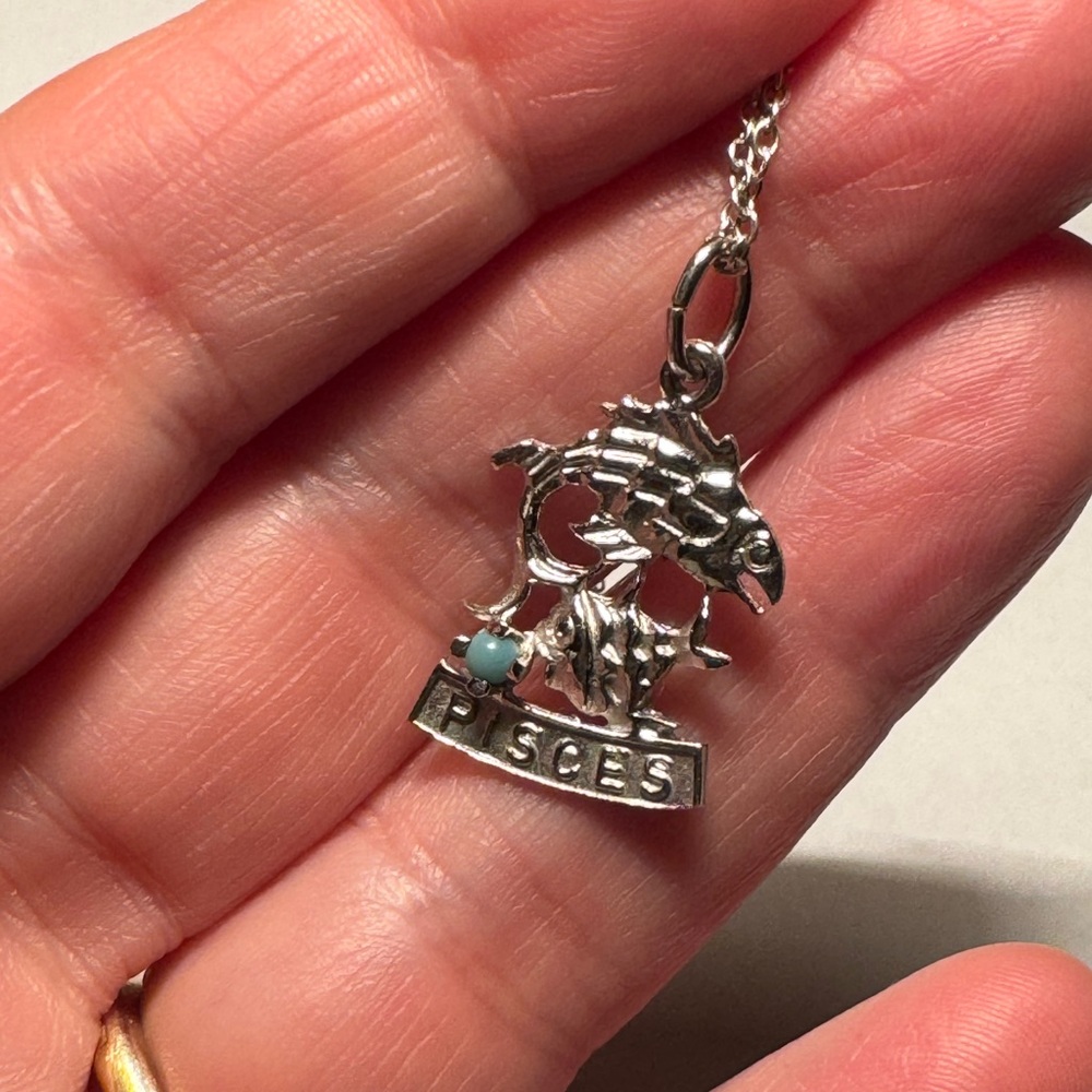 Vintage 80’s Pisces Zodiac Sterling Pendant & Chain Turquoise Coloured Bead